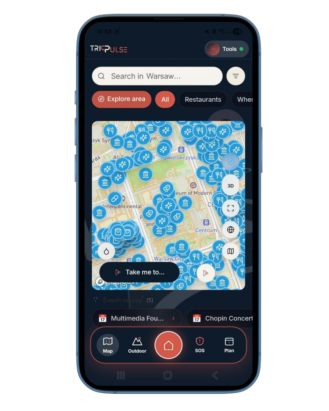 Mappa interattiva TriPulse di Varsavia su smartphone